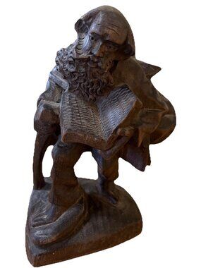 Vintage Handmade Wooden Carved Statue Sculpture Beggar Book Walking Stick Bags